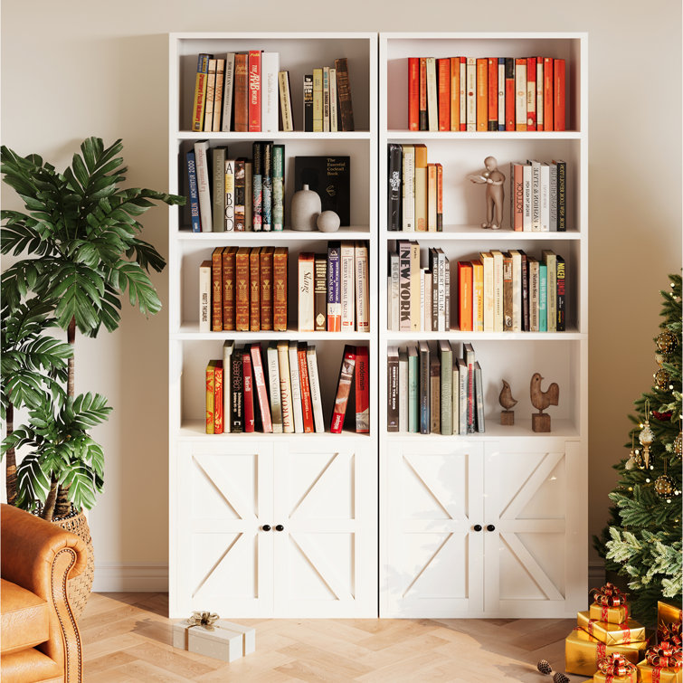 Fellsburg 6-Tier Bookshelf Set, 2-Pciece 70 Inch Tall Bookcase with Barn Door, Freestanding Wood Storage Shelf Display Shelf