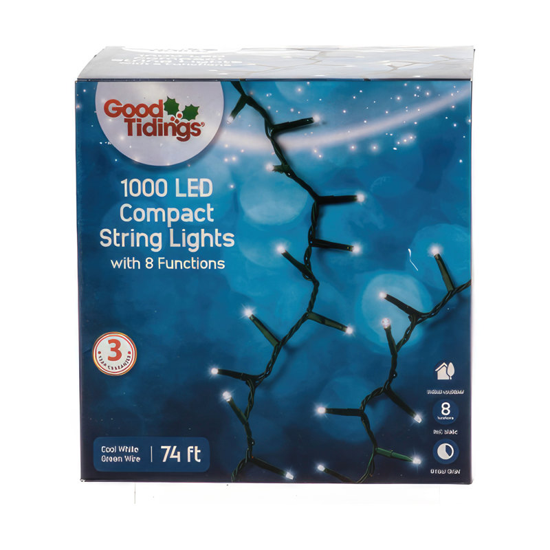 LED Compact 1000 Multi Twinkle 74' Function Greenwire, Cool White