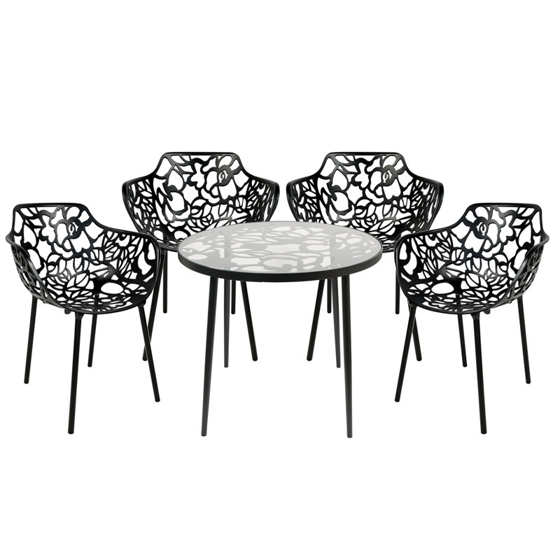 Sumler 5-Piece Aluminum Outdoor Patio Dining Set With Tempered Glass Top Table And 4 Stackable Flower Design Arm Chairs For Patio, Poolside, Balcony, And Backyard Garden