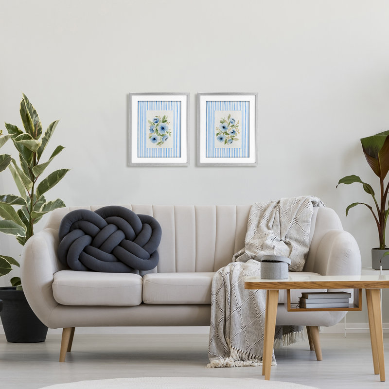 Fleurs bleues avec bordure rayée, ensemble de 2 reproductions encadrées sous verre, design par Leah Noel Art