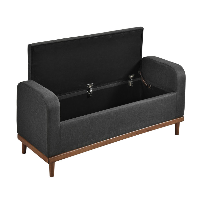 Mid-Century Modern Solid Wood Bench, Dark Gray Textured Fabric, Bedroom, 22.5" Height Upholstered Seat, 18.5" Seat Depth