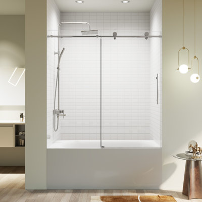 56-60 In W X 60 In H Shower Door, Frameless Single Sliding With Soft-Close 5/16 In Tempered Glass Door Smooth Rollers Stainless Steel Hardware Modern Bathroom Enclosure For Spacious Shower Experience