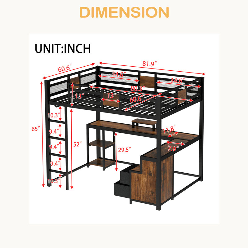 Grand lit mezzanine avec bureau et tiroirs de rangement en tissu non tissé, cadre de lit mezzanine en métal avec échelles, sans nosie et sans sommier