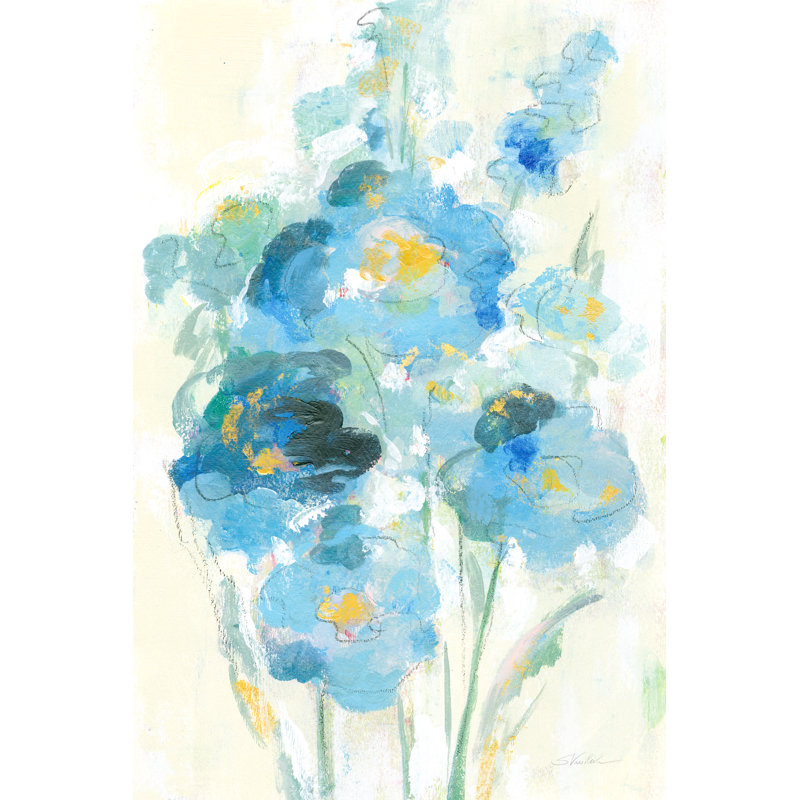 Bouquet de fleurs, impressionniste, reproduction de peinture, bleu, cyan, bleu sarcelle, indigo, jaune, or, crème, floral