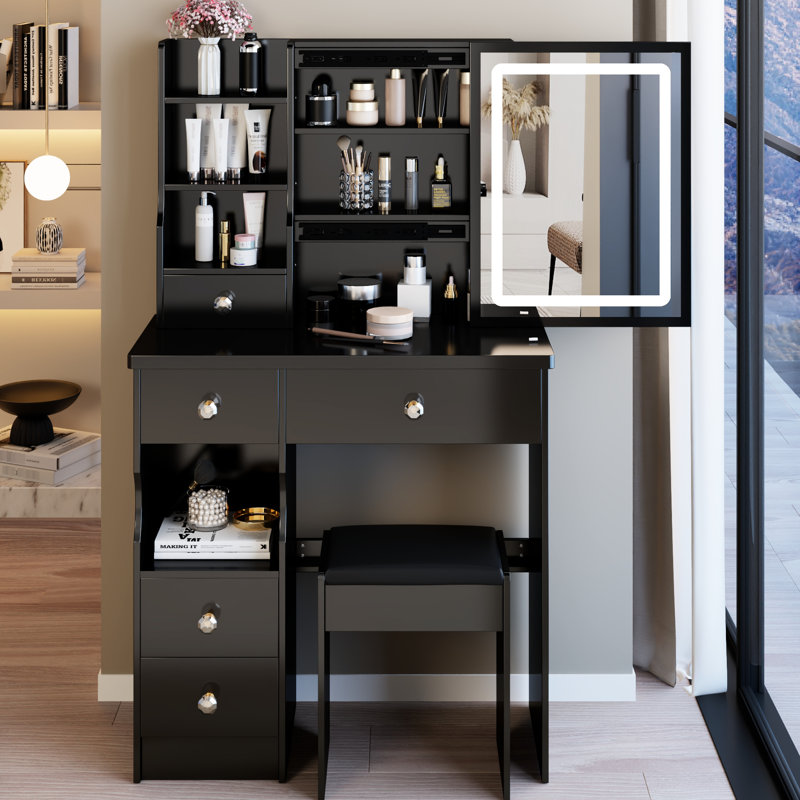29,2 po, coiffeuse et tabouret de tiroir de gauche, miroir tricolore à luminosité réglable, rangement grande capacité, petits espaces, tabouret rembourré noir, tiroir, miroir à commande tactile, espaces limités,