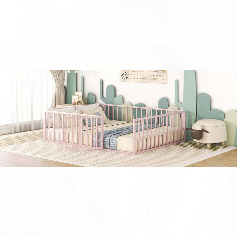 Structure de lit pour grand lit en métal avec clôture et porte, rose, Grand lit, Rose