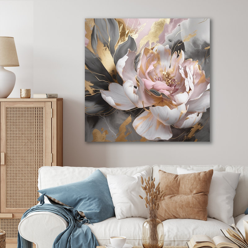 Marbre rose doré, pivoine fleur IV - Abstrait marbré, impressions sur toile, H 24 po x l 24 po, Toile tendue