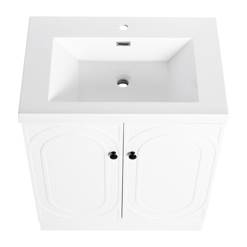 Meuble-lavabo blanc en résine 30 po avec charnières à fermeture en douceur - Aspect autoportant et 2 portes d'armoire de style moderne pour le rangement