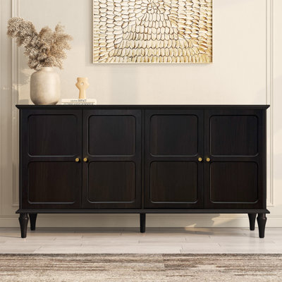 Gurbachan 58" Mid-Century 4-Door Cabinet with Adjustable Shelves and Removable Tall Wine Glass Rack