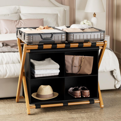 Porte-bagages en bambou avec 4 compartiments de rangement, support de valise pliable pour chambre d'amis, capacité de 150 lb, robuste, compact et facile à assembler