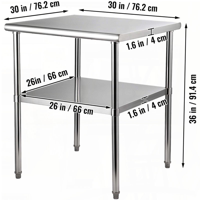 Table de préparation en acier inoxydable avec tablette réglable (30 po x 30 po, capacité de 800 lb)