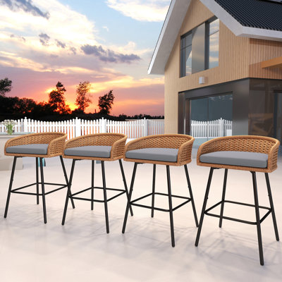 Outdoor Upholstered Bar Stools With Removable Cushions Woven Counter Stools, Bar Height Patio Chairs For Garden Pool Lawn Backyard by Bay Isle Home
