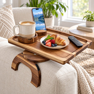 Acacia Wood Clip-On Sofa Arm Tray with Cup Holder and Phone Stand