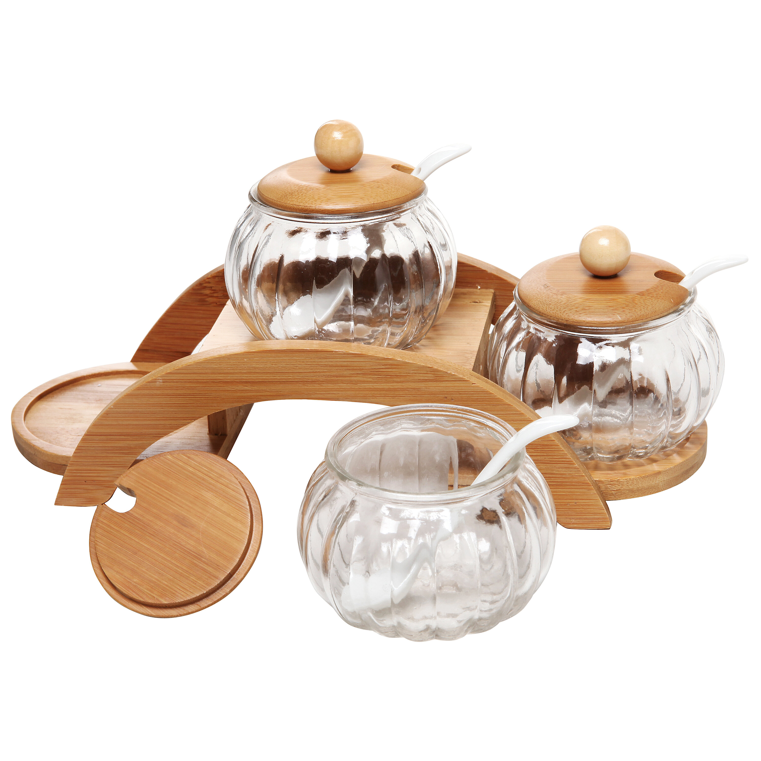 Set of 3 Glass Condiment Spice Jars With Bamboo Lids, Spoons and