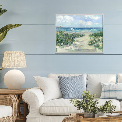 Seaside Path To Striped Umbrellas Framed Giclee, design by Sally Swatland