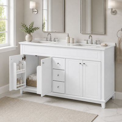58" Bathroom Vanity Cabinet Only, 3 Drawers & 4 Doors (2 with Double-layer Shelves), Solid Wood Legs, All Soft-Close, White