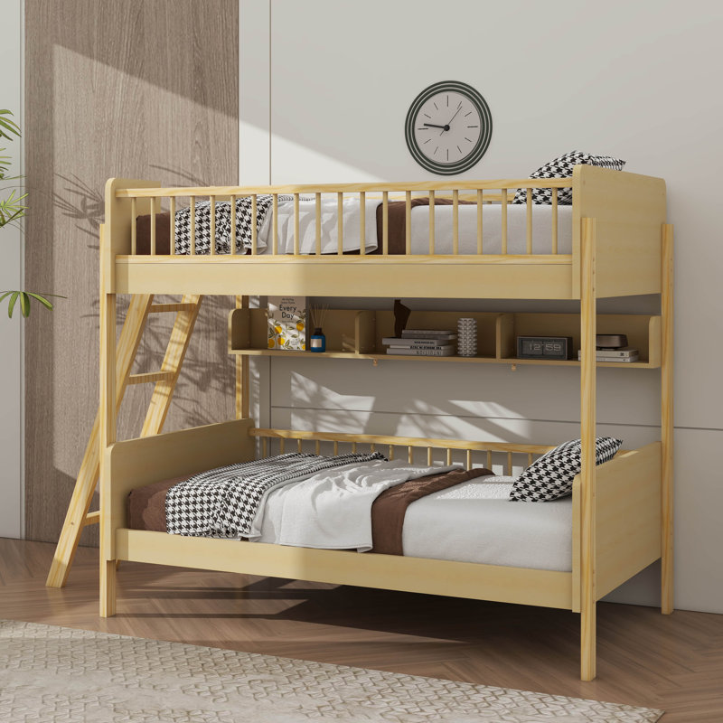 Lit superposé en bois de taille simple, livré avec 3 unités de rangement, Naturel