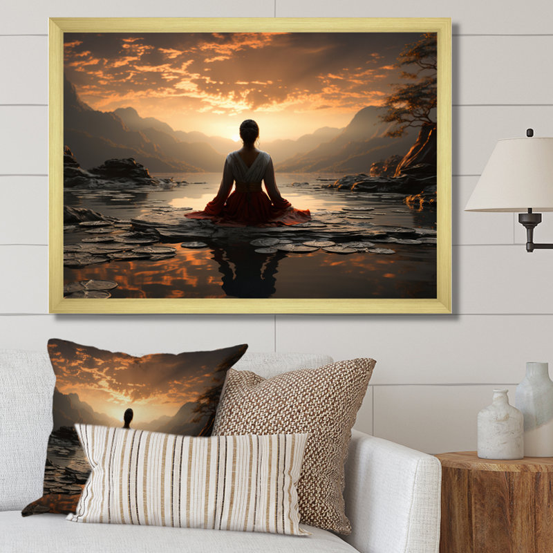 «Black Peach Meditation Eernal Now», reproduction d'art sur toile encadrée, H 34 po x l 44 po x P 1,5 po, Cadre doré simple