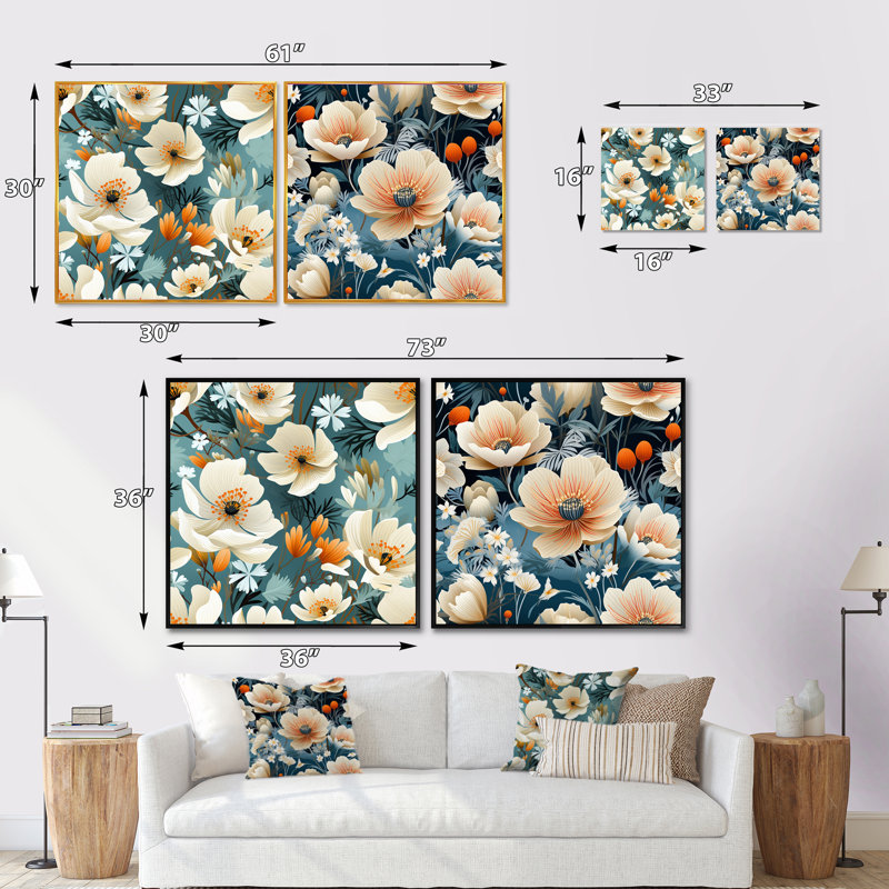 Danielsville - Ensemble de 2 collages carrés floraux, Cadre flottant noir, H 16 po x l 33 po