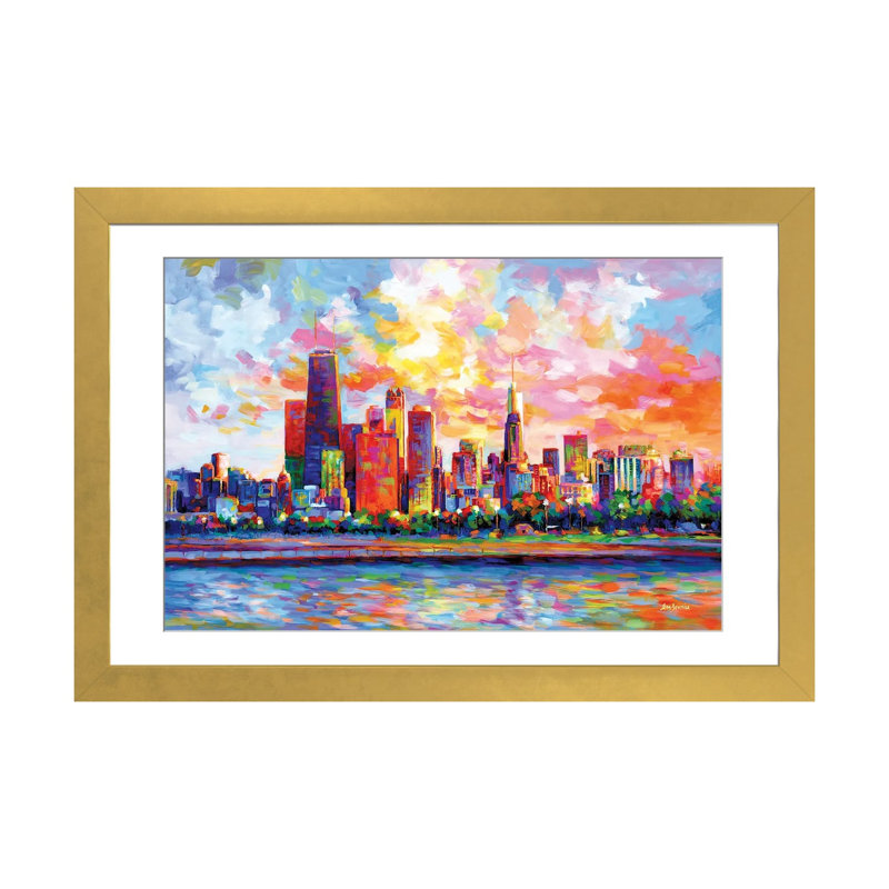 Chicago Skyline by Leon Devenice iCanvas, 16" H x 24" W x 1" D, Gold Open Corner Frame Paper