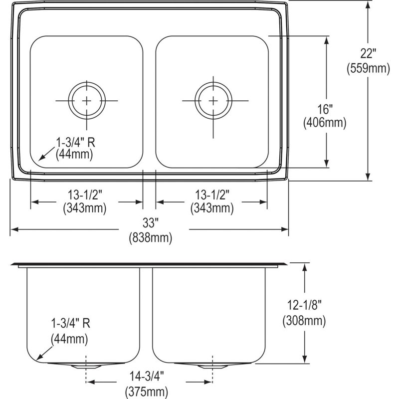 Évier de cuisine à double cuve à montage sur plan L 33 po x l 22 po Lustertone, 5 trous