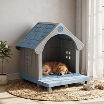 Outdoor Waterproof Resin Dog House With Covered Porch(Blue)