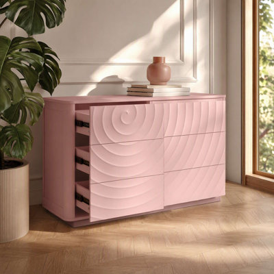 Commode à 6 tiroirs de 46,5 po de largeur Morandi pour chambre à coucher, commode moderne en bois massif avec design ondulé 3D, sans poignée et bord arrondi, organisateur de rangement en bois pour placard, chambre de bébé, salon, appartement