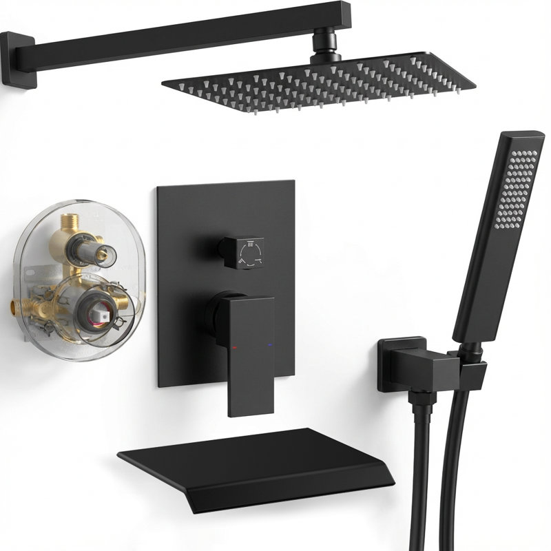 10-Inch Wall Mounted Rain Shower System with Handheld Shower Head, Waterfall Tub Spout, and Pressure Balance Valve