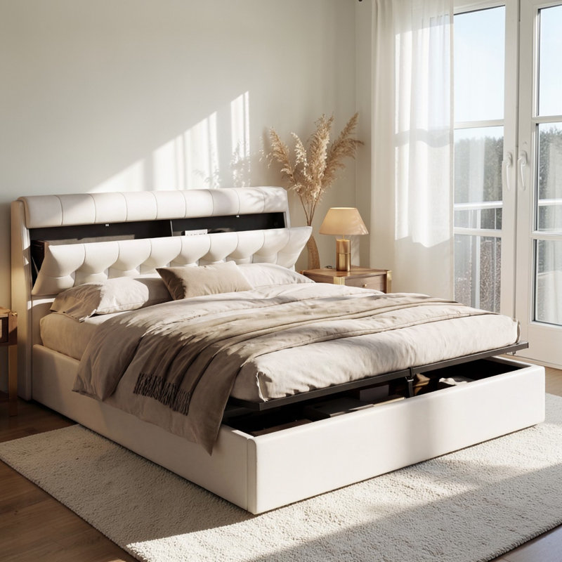 Bakki PU Upholstered Hydraulic Bed With Concealed Headboard Storage, Bed Box Storage, White, Kingsize (5')