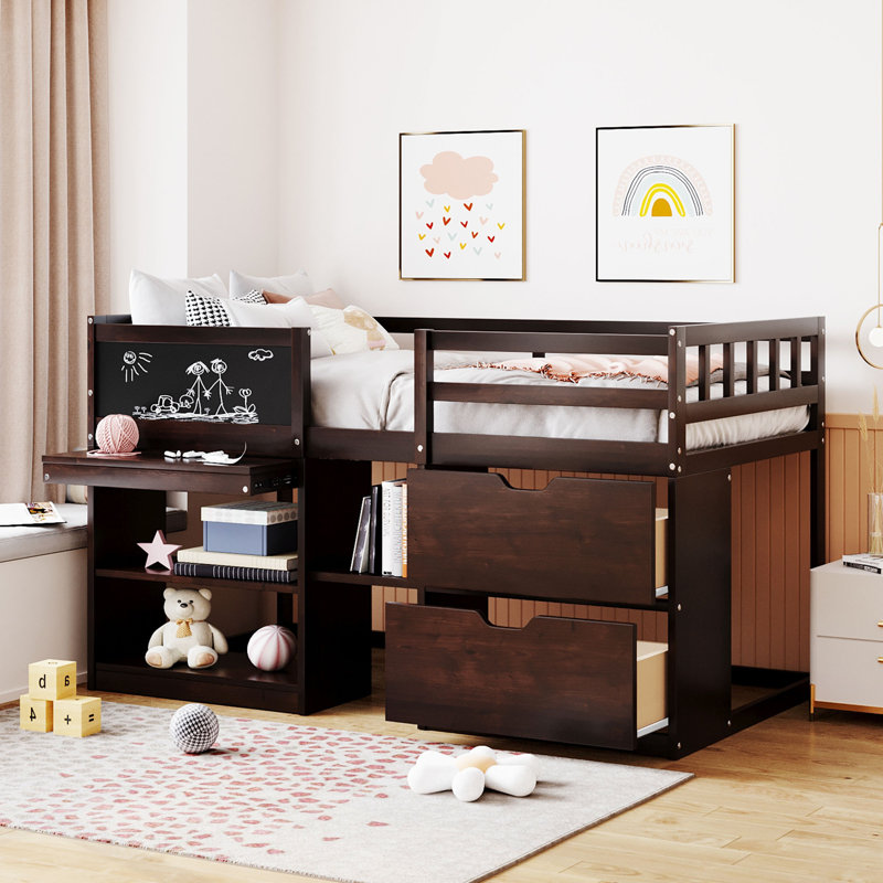 Maja Kids Twin Low Loft Bed with Storage Drawers, Shelves and Blackboard, Espresso