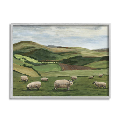 Az-304 - Peinture encadrée de moutons en pleine campagne
