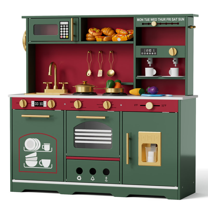 Wooden Play Kitchen For Kids With Realistic Lights & Sounds, Faucet, Oven, Microwave, Fun Accessories, Gift For Ages 3+, Green