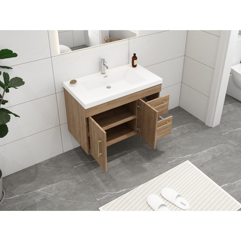 Ensemble de meuble-lavabo simple 36 po Carliss, Naturel / chêne, Argent