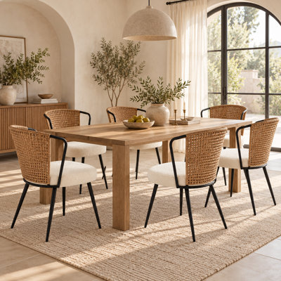 Ensemble de 6 chaises de salle à manger rembourrées modernes avec oreilles en rotin PE et chaises Mid-Century avec pieds en métal