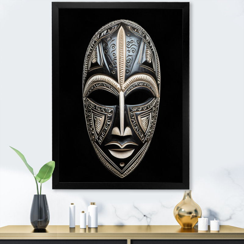 Masque africain traditionnel Ethnical, H 32 po x l 24 po x P 1 po, Cadre simple noir