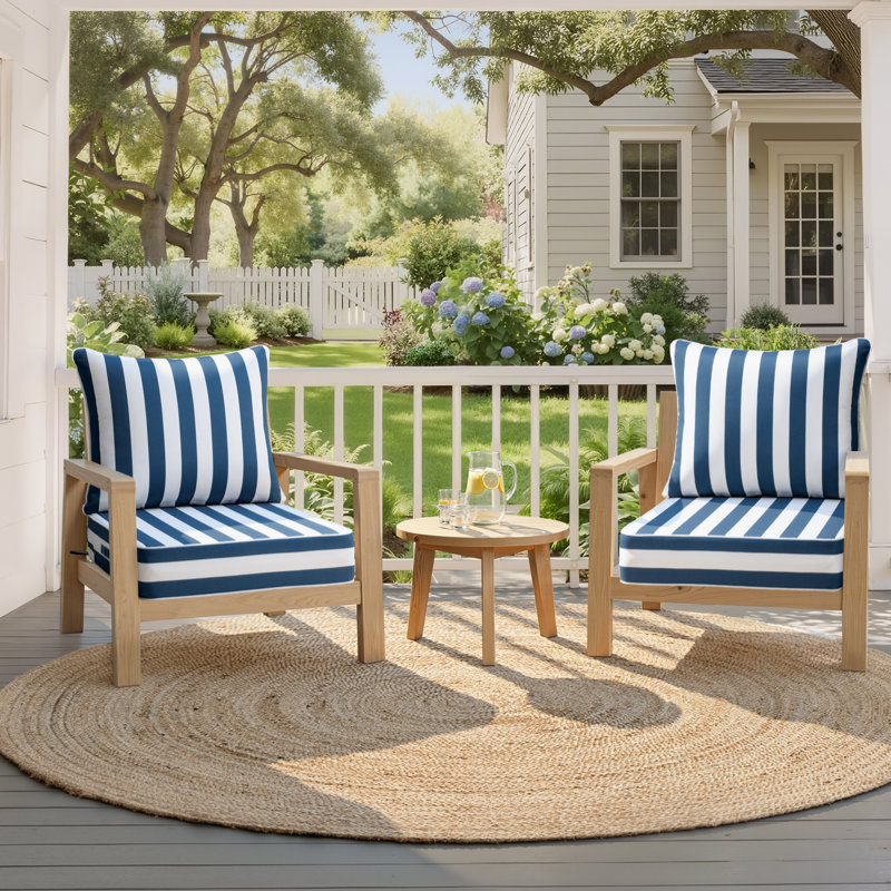 24'' W X 24'' D X 5.5'' H Outdoor Deep Seating Cushions, 2, Navy Blue/White Stripe