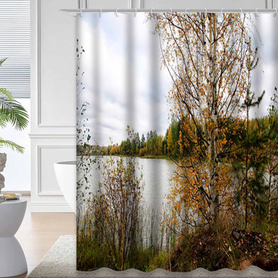 Rideau de douche avec 12 crochets Autumn Trees Calm Beach