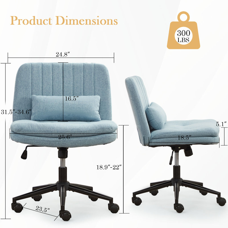 Criss Cross Legged Chair With Wheels, Comfy Rolling Office Desk Armless Chair With Pillows, Wide Swivel Vanity Chairs Computer Task Chair For Makeup, Bedroom