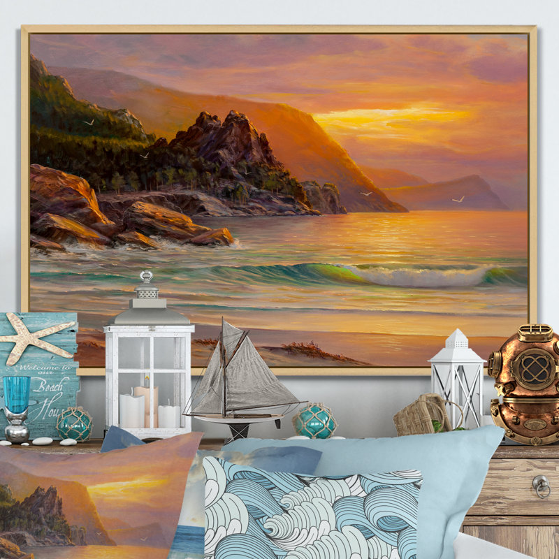 «Ocean Sunset And Waves IV», reproduction sur toile flottante, H 12 po x l 20 po x P 1 po, Cadre naturel flottant