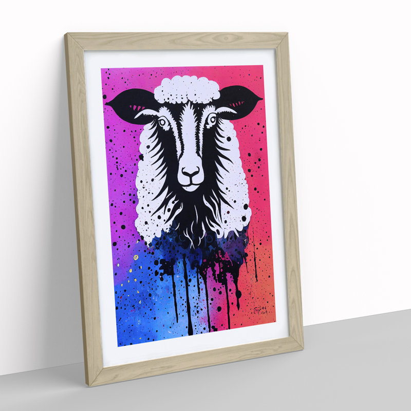 Colourful Sheep No.1 - Single Picture Frame Print, 64cm H x 46cm W x 2cm D, Oak