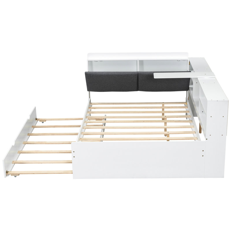 Lit plateforme en bois blanc avec lit gigogne, rangement pour la tête de lit et boîte - Tête de lit à rangement intégré