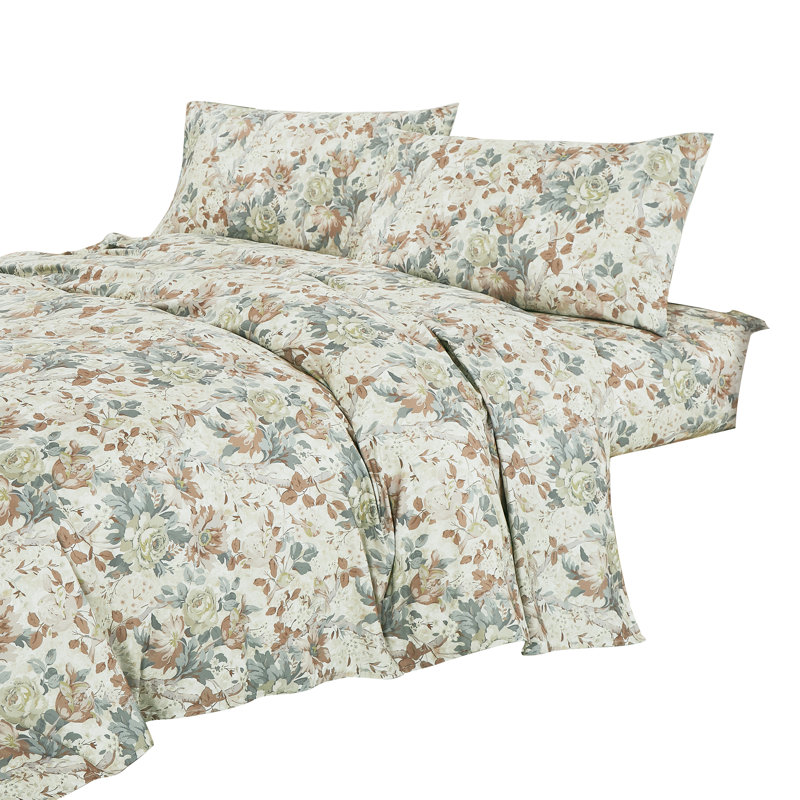 Floral Printed Sheet Set, King Sheet Set with 2 Pillowcases, Green/Brown Floral