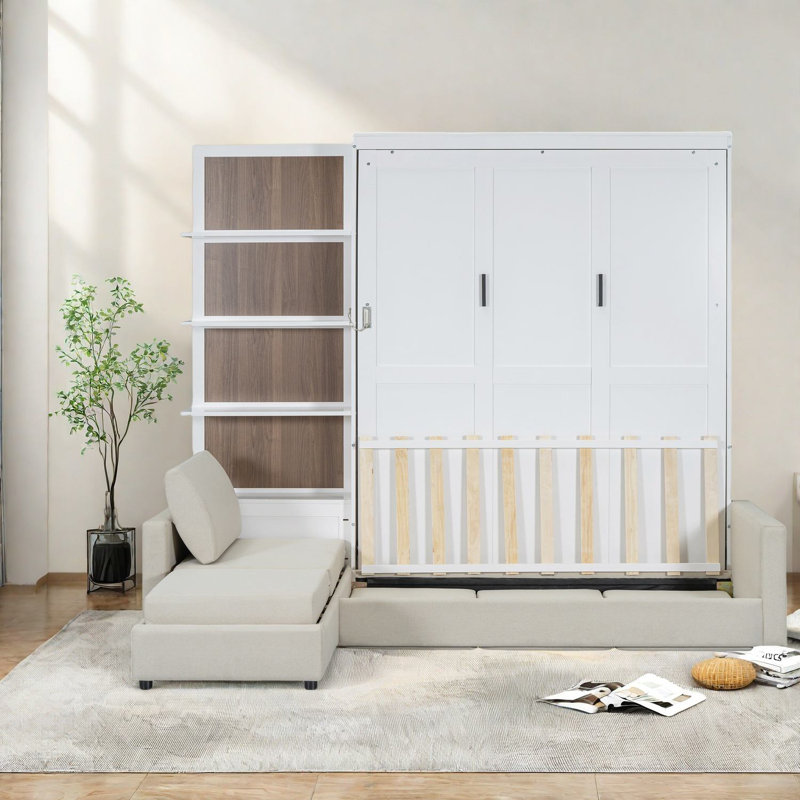 Grand lit escamotable multifonctionnel, MDF et lin, Modern Home Solutions