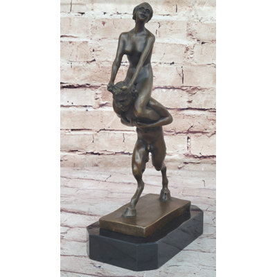 Nude Female Figure On Shoulders Of A Satyr Fawn Mythological Bronze Sculpture
