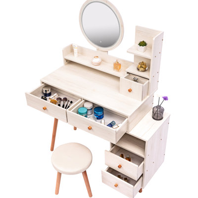 Fashionable Makeup Vanity With Cushioned Seat & Drawers - , Space  L31.5"-43.2"X W15.8" X H48.1" Table 5 Touch Control Mirror Materials, Spacious Storage, Adjustable Length