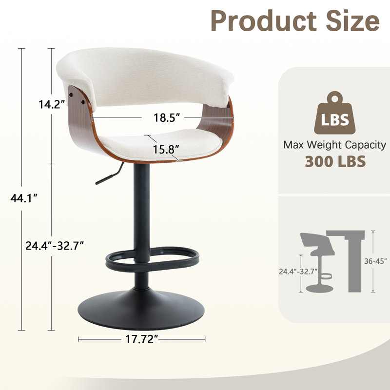 Tabourets de bar à hauteur réglable avec siège pivotant en tissu et dossier pour îlot de cuisine, bar et pub, 4, Beige