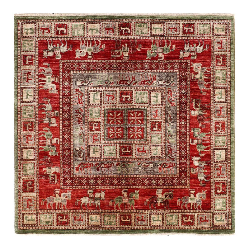 Tapis carré en laine noué à la main de conception unique 5 pi ivoire / rouge / vert