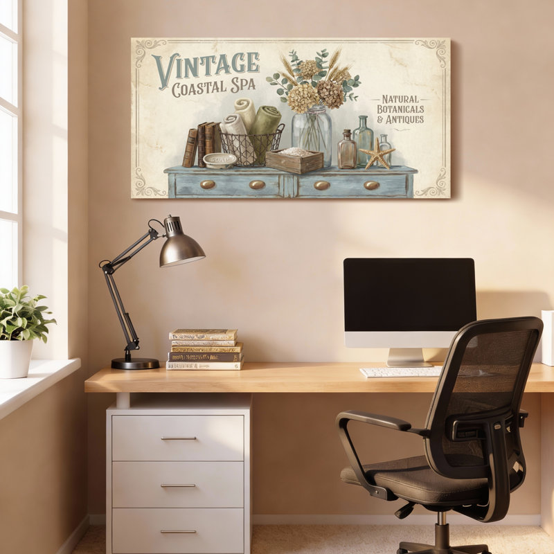 Ensemble de 1 tableau sur toile tendue représentant des plantes naturelles et des antiquités, sur le thème d'un spa côtier vintage.