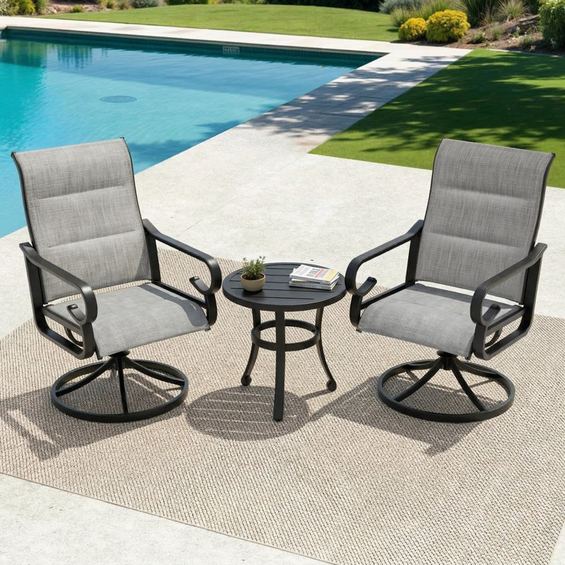 Ensemble bistro 3 pièces avec chaises pivotantes et table d'appoint Textilene, Noir/gris