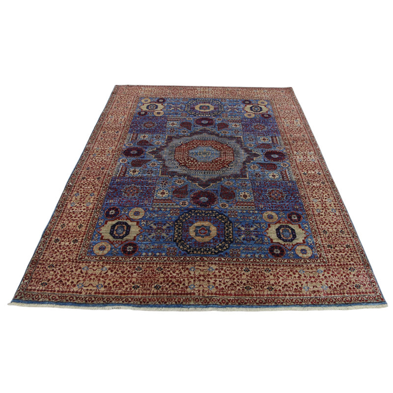 Hand Knotted Wool Area Rug in Blue And Beige, Rectangle 4'11" x 6'7"